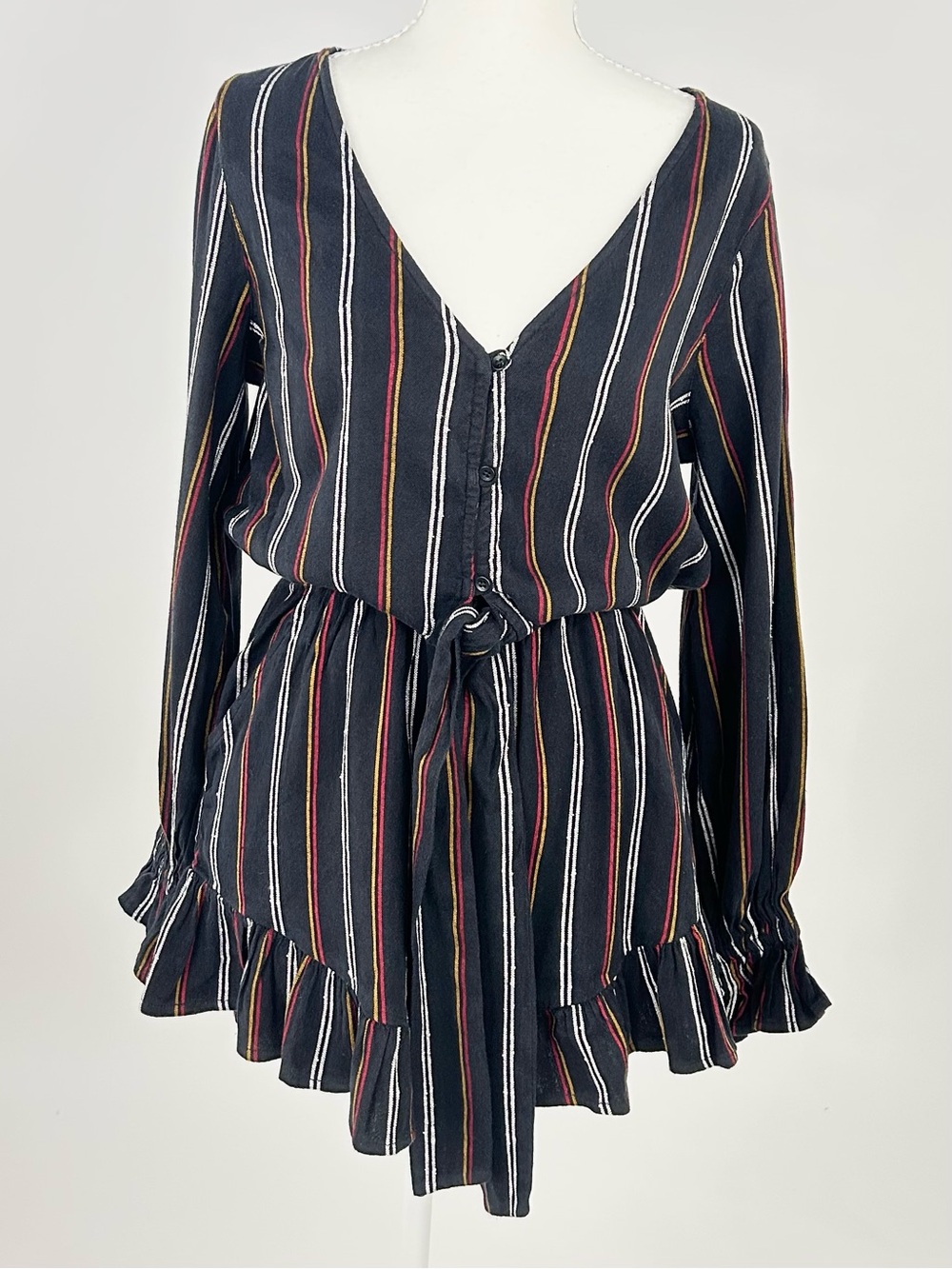Billabong Charcoal Stripe Ruffle Romper Boho Festival Tie Waist Size M